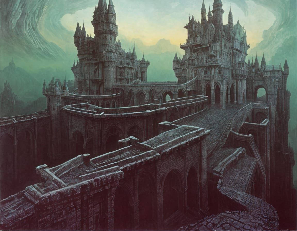 Surreal Castle with Twisted Forms and Moats in Dark Artistic...