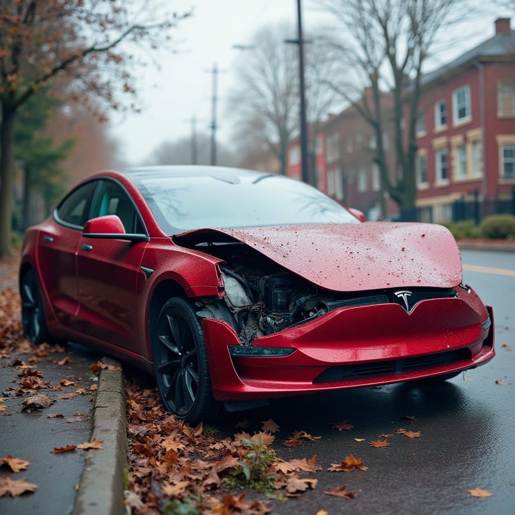 Tesla Car Crash Disintegration in Ruin