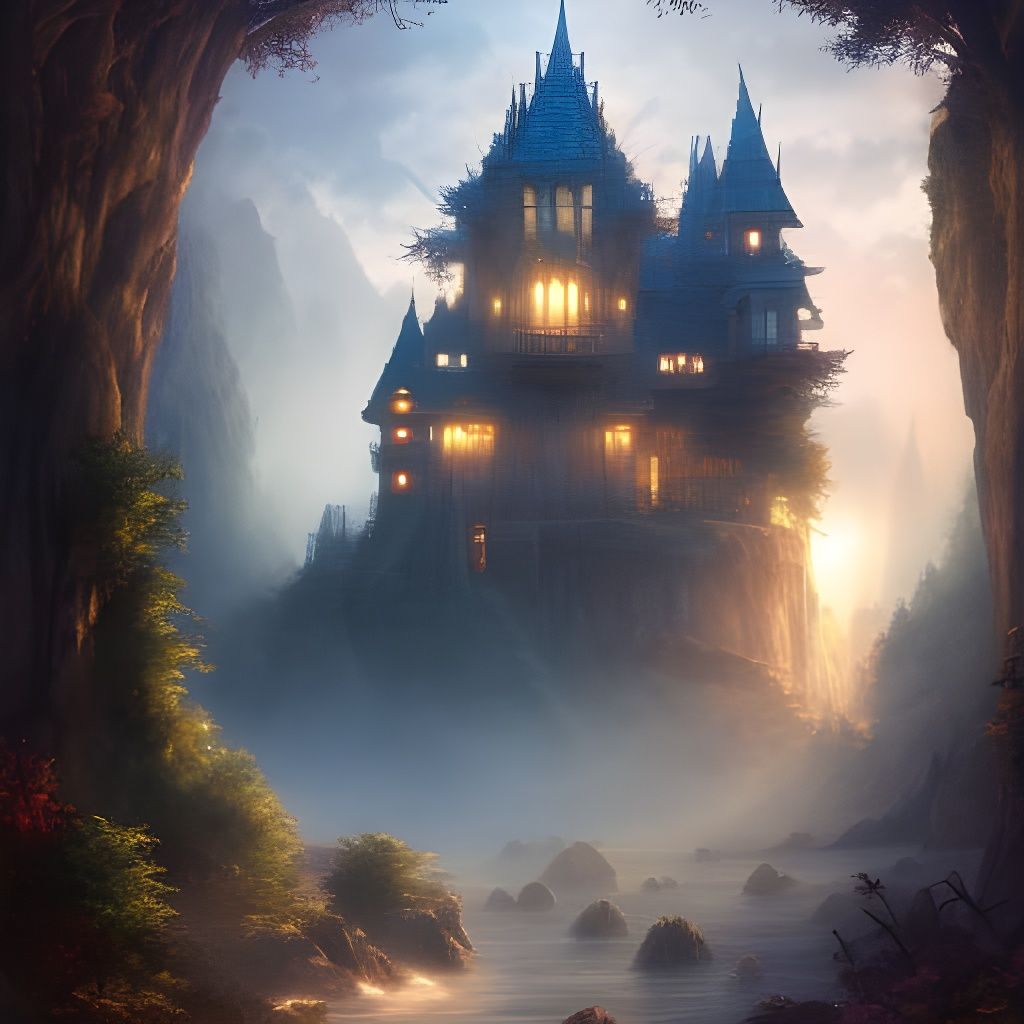 Floating Castle on Mountain, Detailed Digital Art