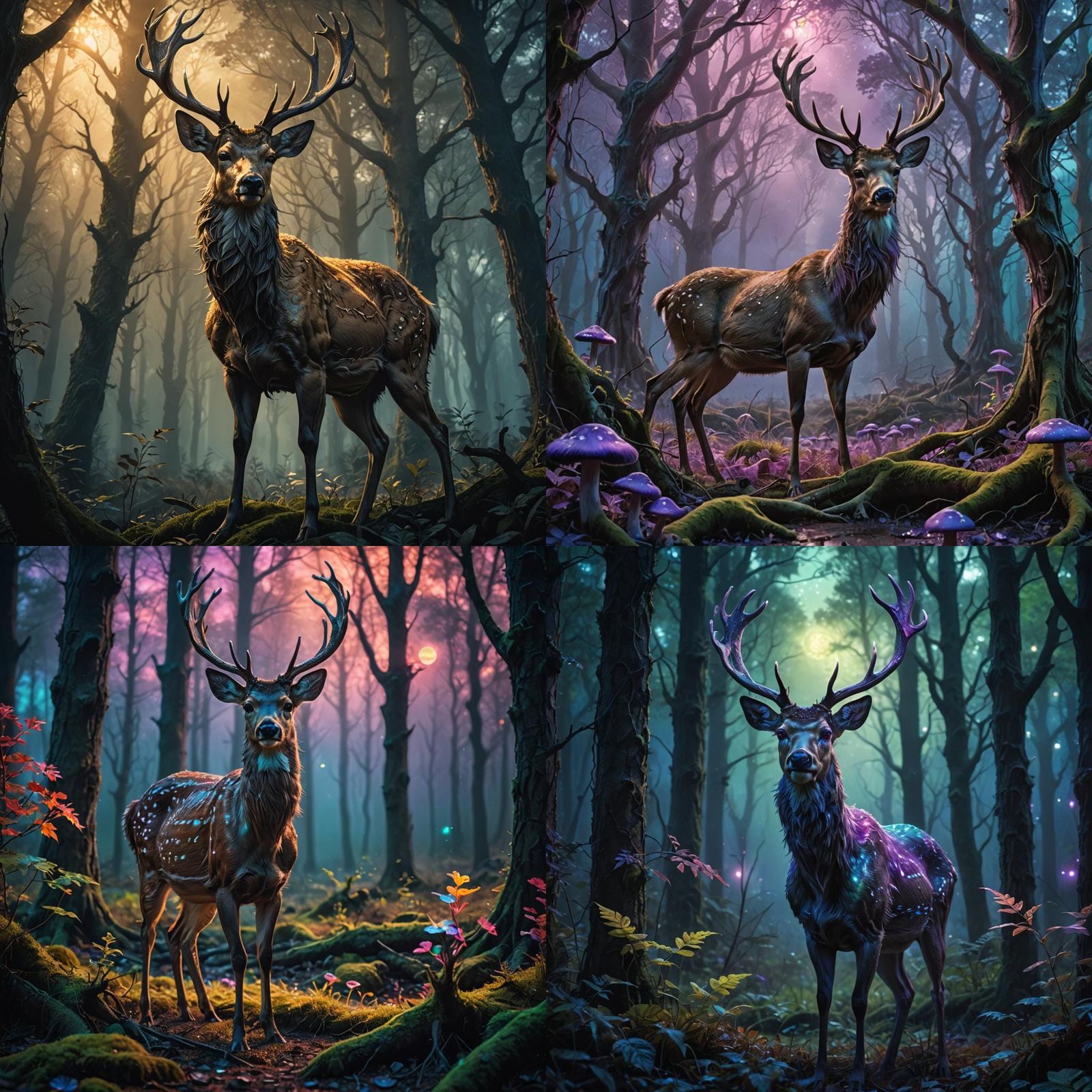 Deer in Mystical Forest with Colorful Sky