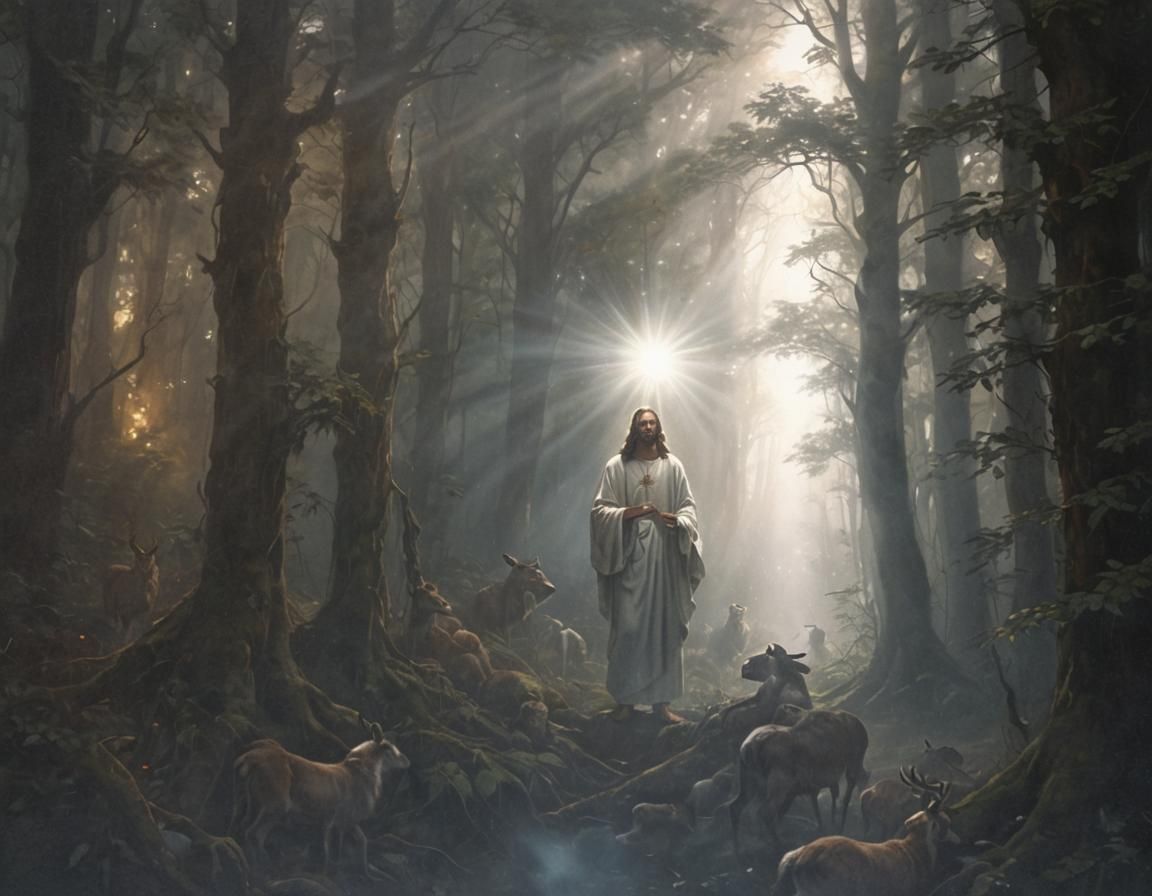 Jesus in Forest with Animals: Rembrandt-Inspired Religious A...