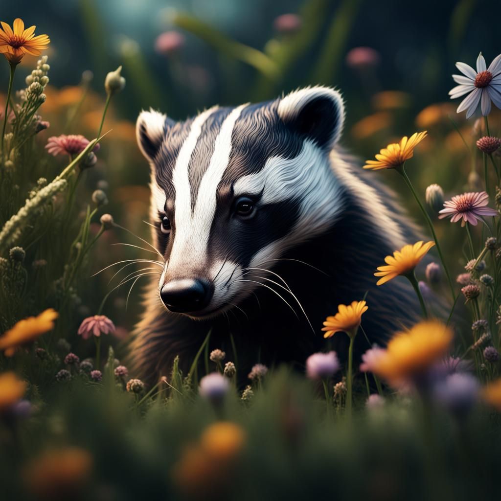 Badger in Wildflowers: Hyperrealistic Close-Up Photography