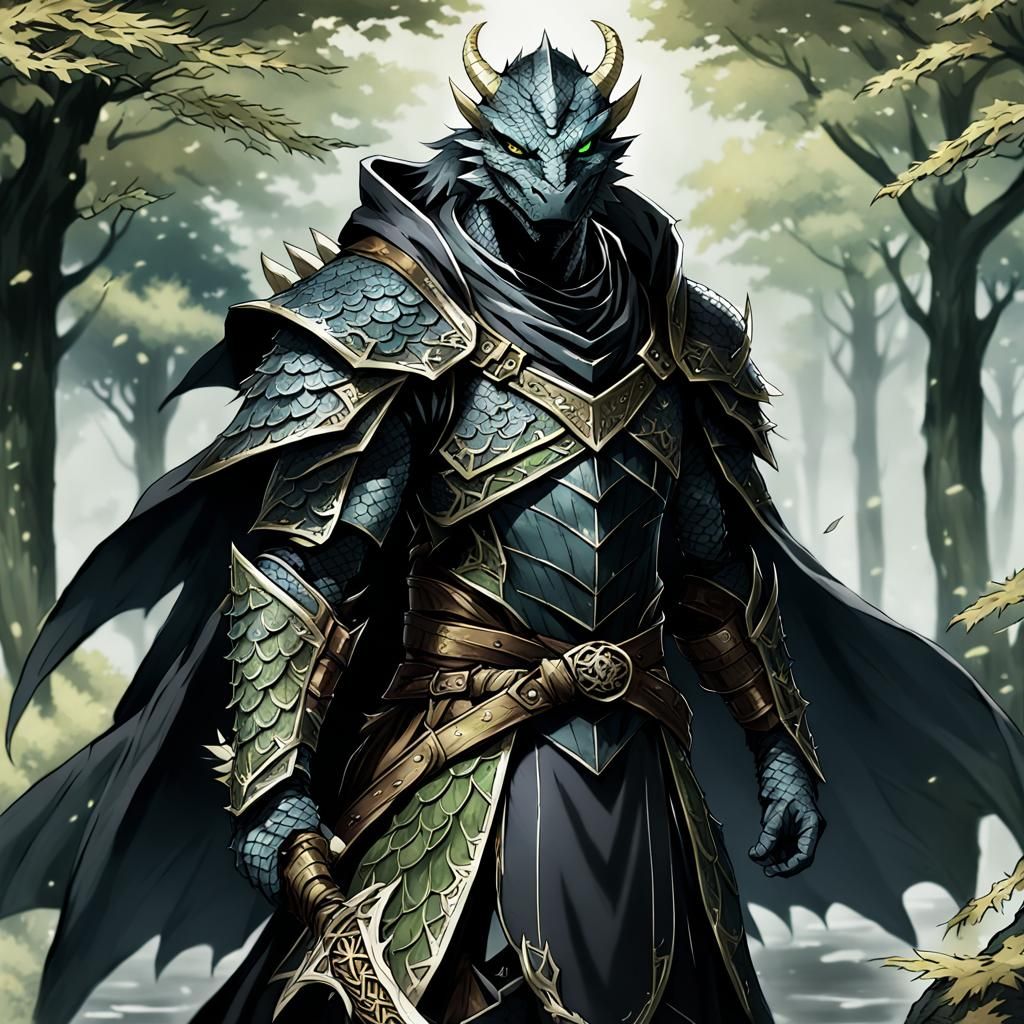 Dragonborn with Black Scales in Anime Style