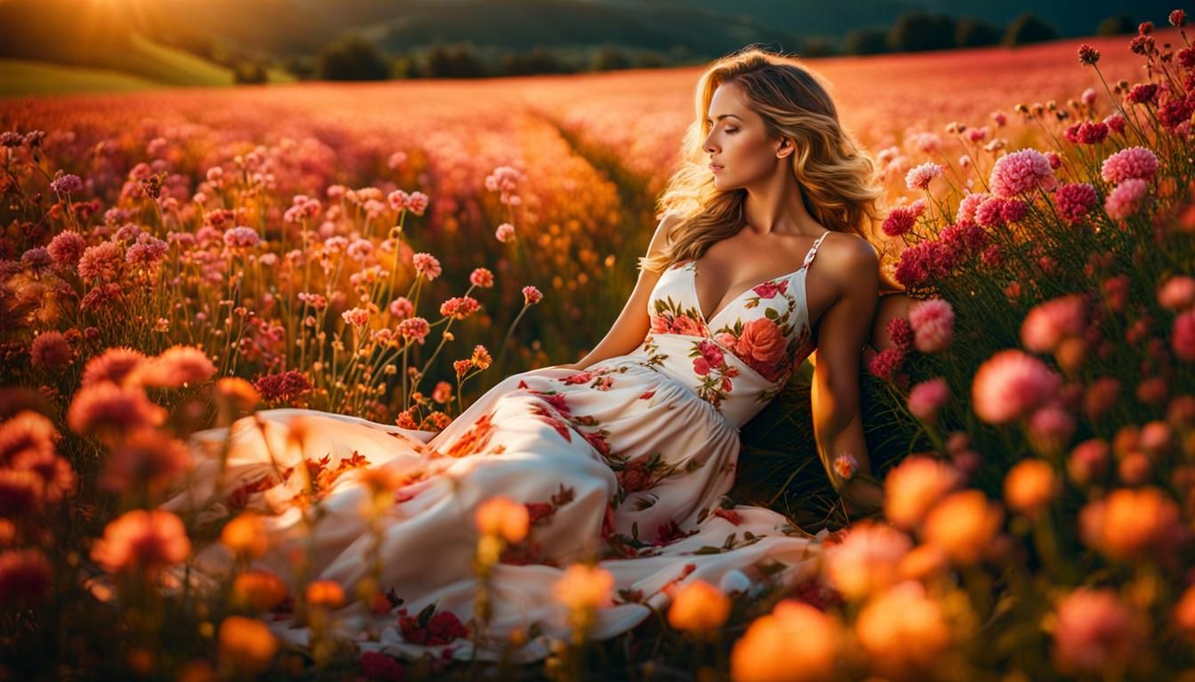 Woman in Floral Field, Photorealistic Digital Art