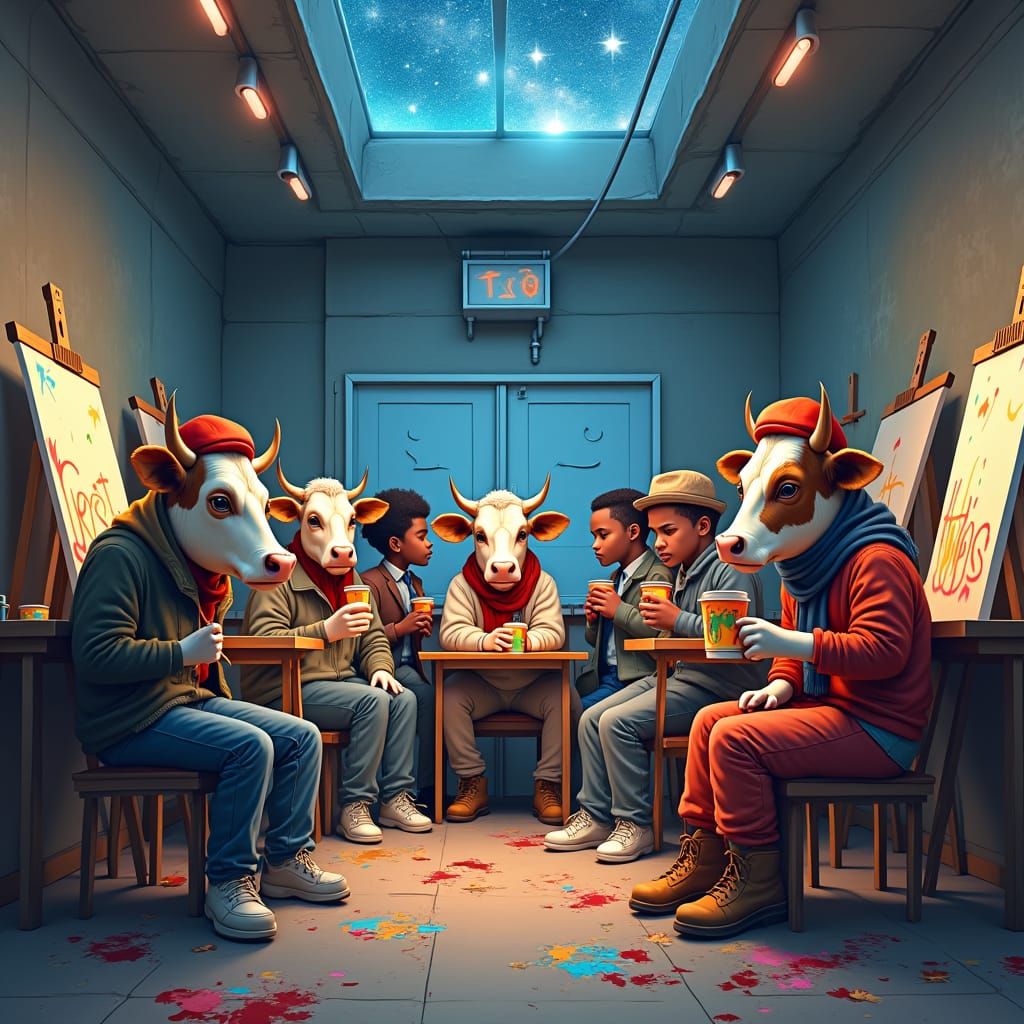 Cows and Kids Art Class Under Starry Sky