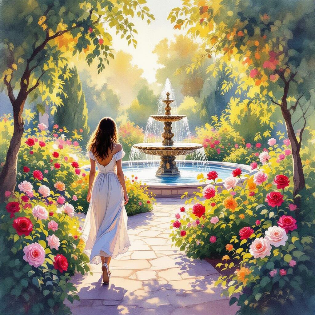 Woman in Golden Garden with Fountain