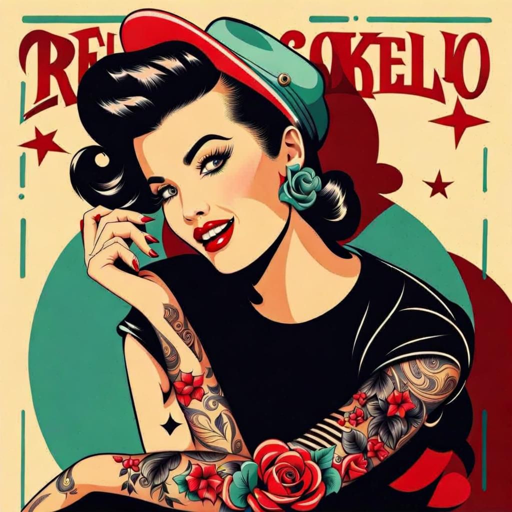 Retro poster rockabilly girl with rose tattoos