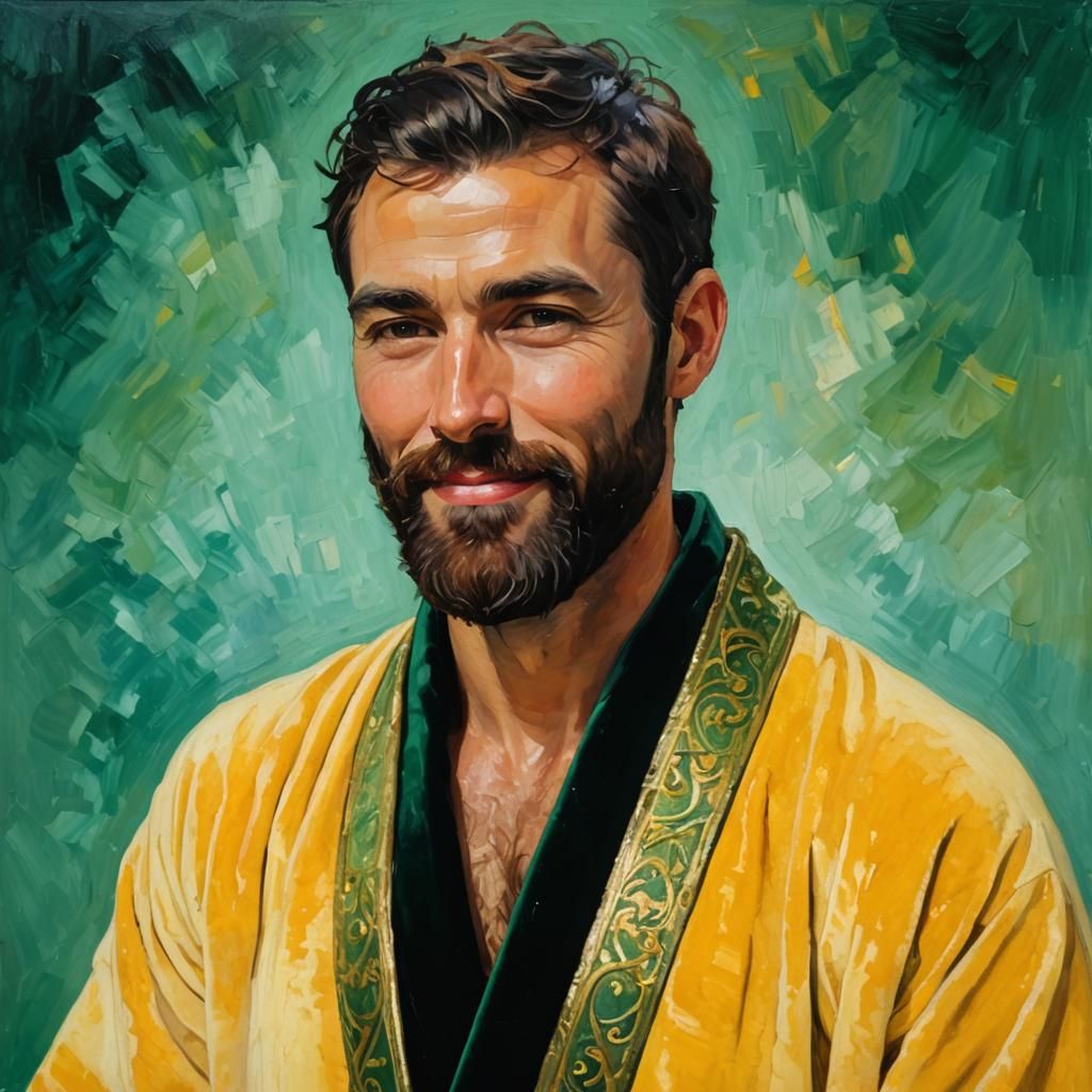 Golden Bearded Man in Expressionist Impasto Oil Painting