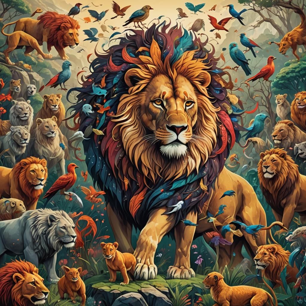 Fantastic Lion Made of Animals in Detailed Landscape