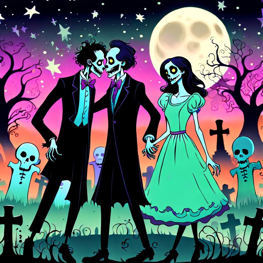 Zombies Dancing in Graveyard: Whimsical Digital Art