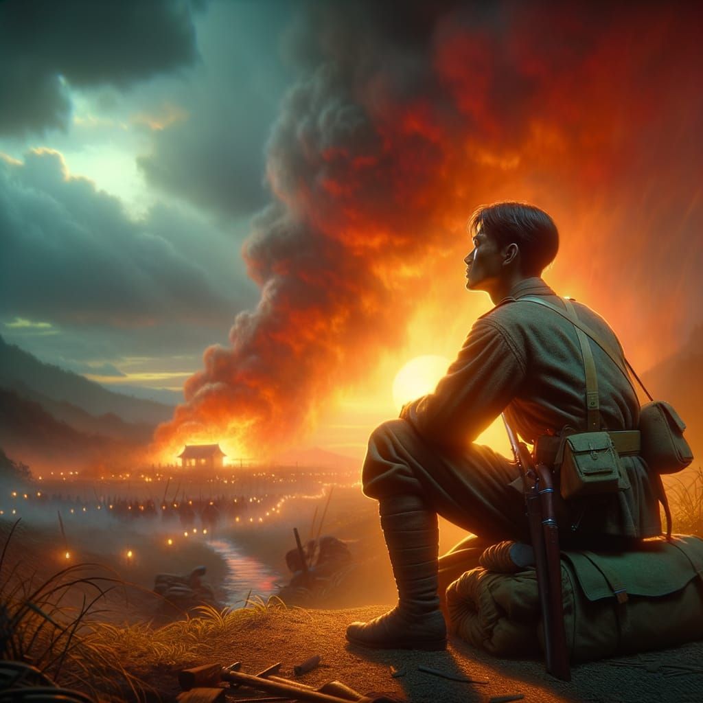 Japanese Soldier in Smoky Orange Sky, Cinematic Concept Art