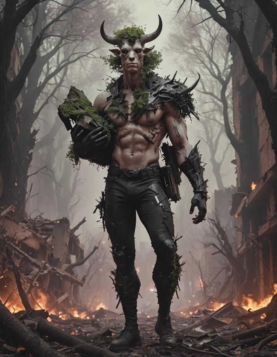 Ox-Featured Man Dominates Ruined City, Surreal Digital Art