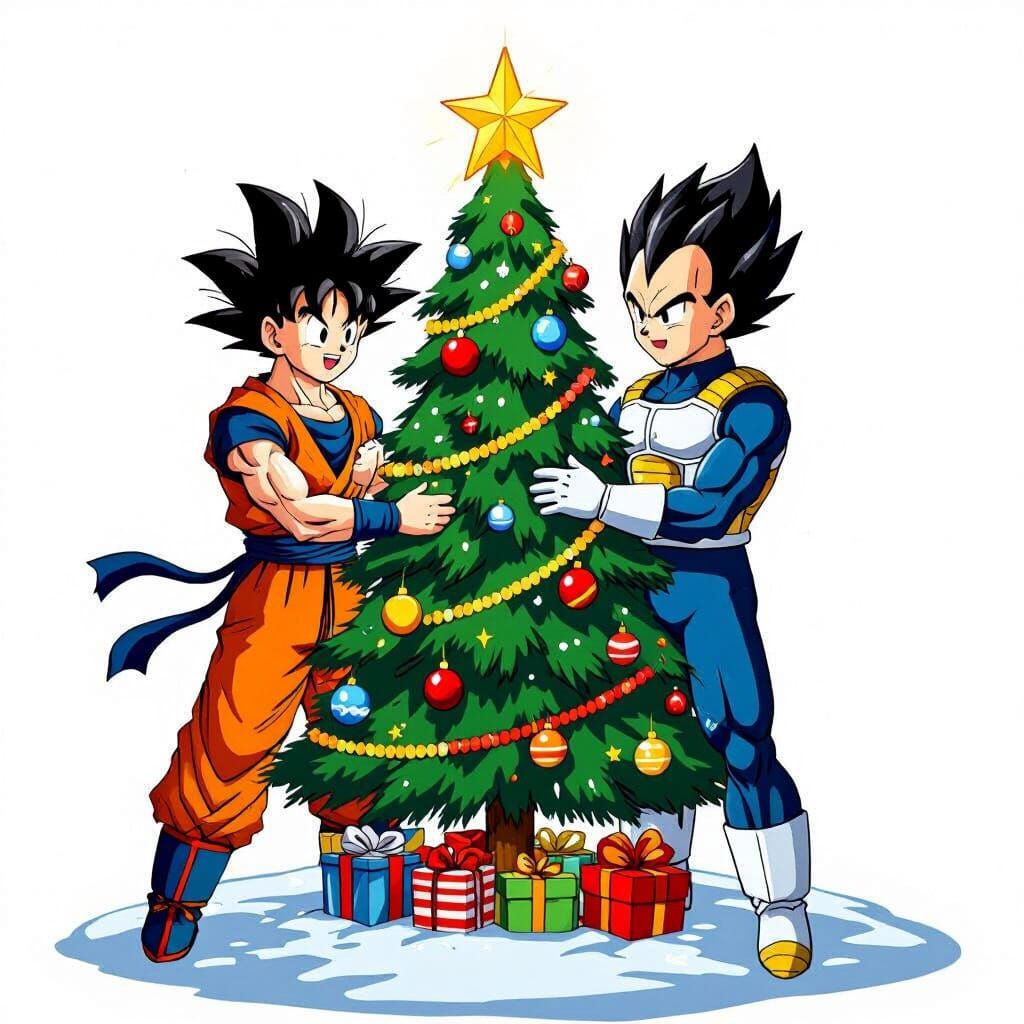 Goku and Vegeta Decorate a Christmas Tree PNG