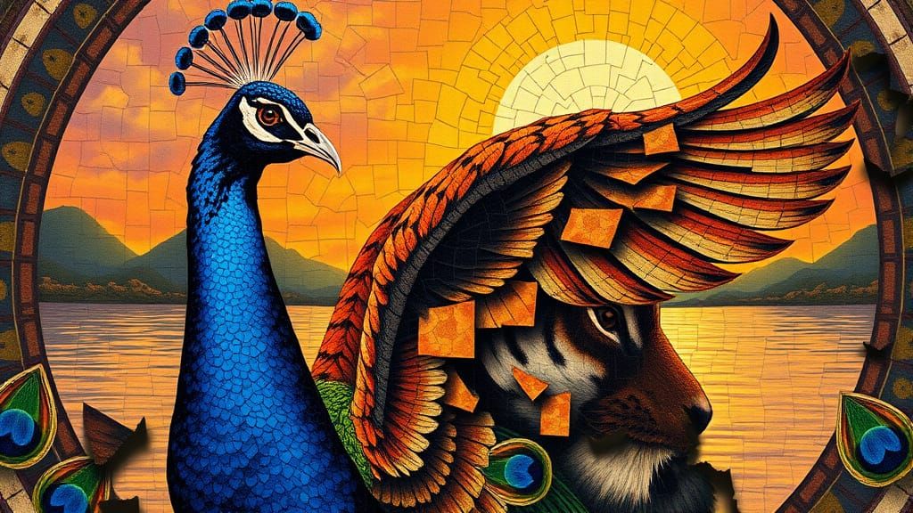 Ancient Roman-Inspired Mosaic of a Peacock with Tiger's Face...