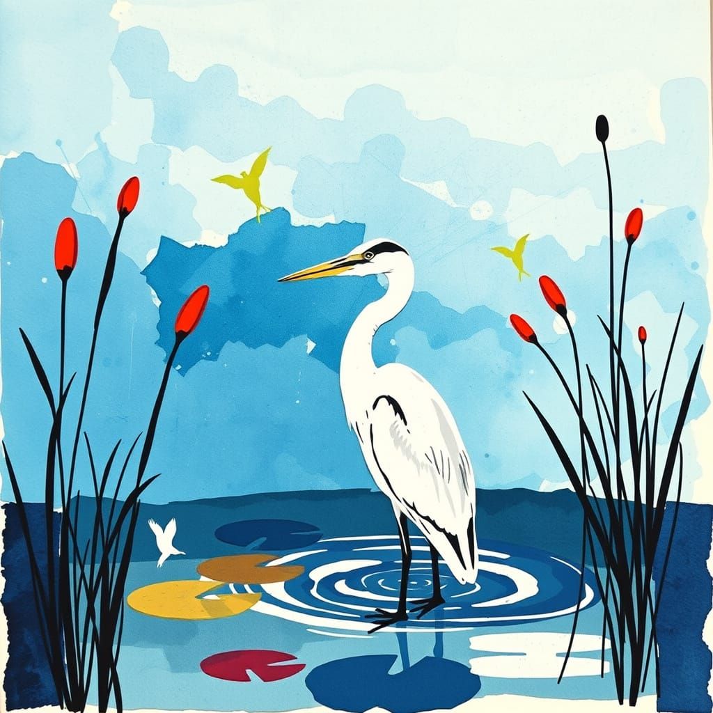 Minimalist Heron in Pond: Constructivist Abstract Collage