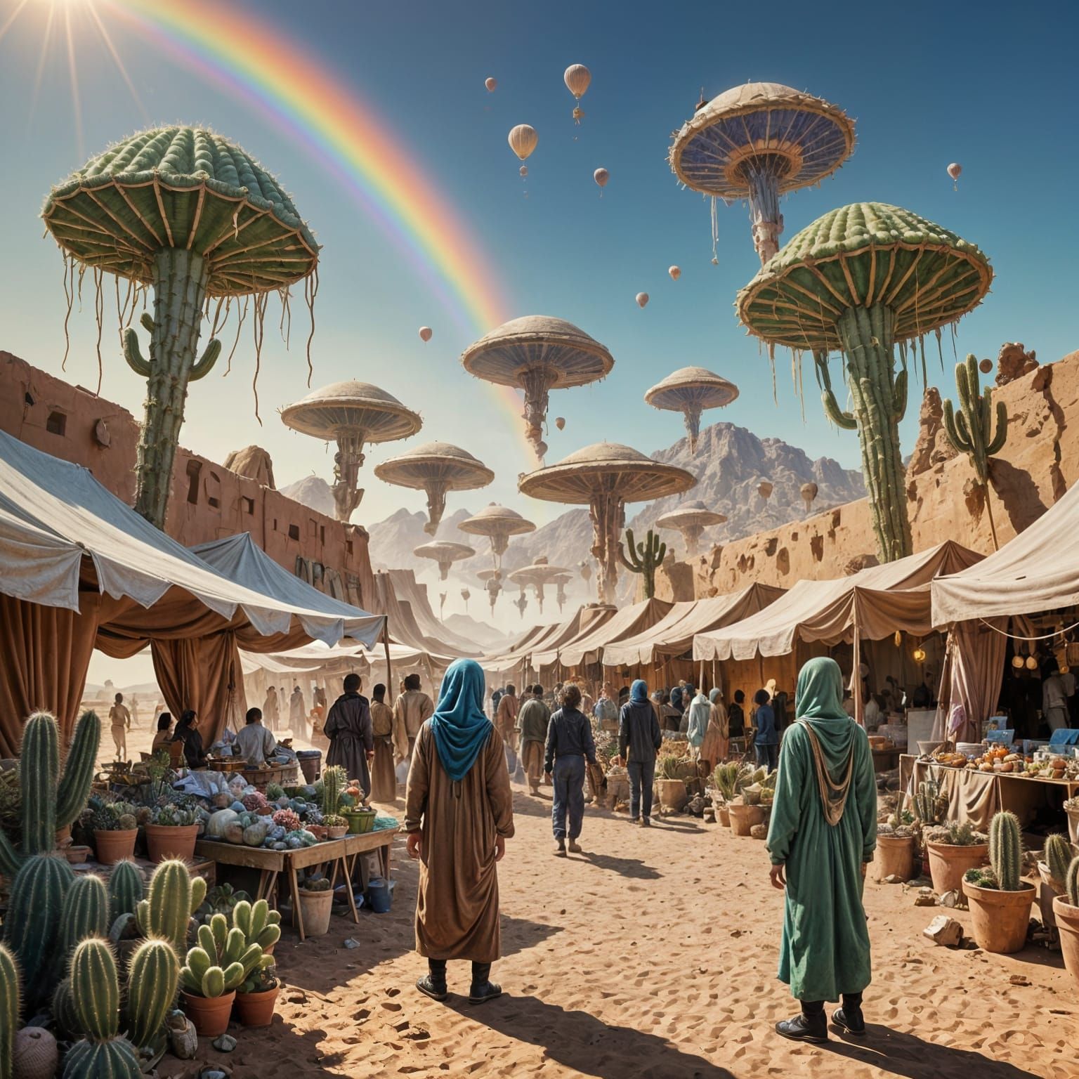 Surreal Alien Marketplace in Desert Landscape