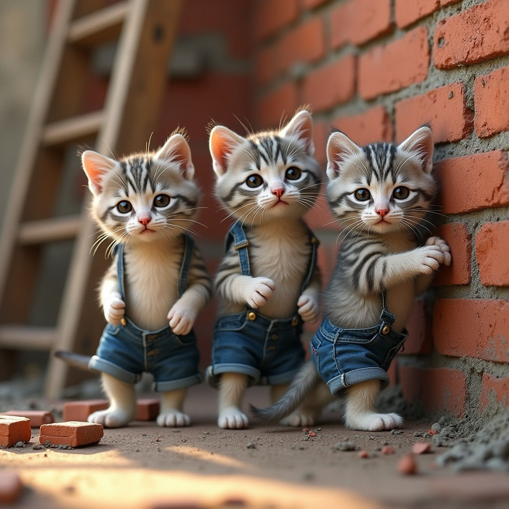 Grey and White Patch Kittens Constructing a Brick Wall in Bl...