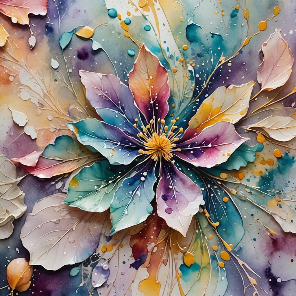 Vibrant Watercolor Flower with Ink and Glitter