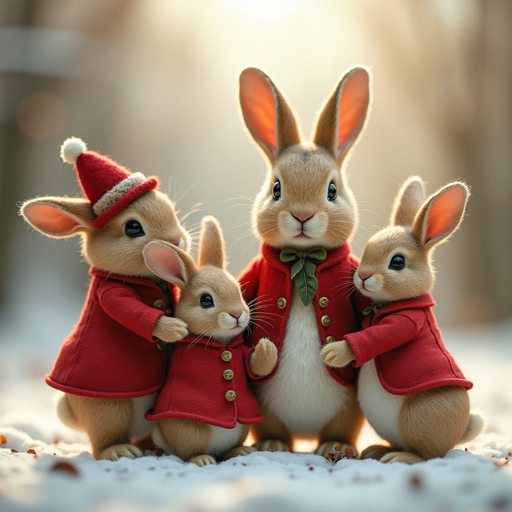 Bunnies in Christmas Dresses as Wool Sculpture