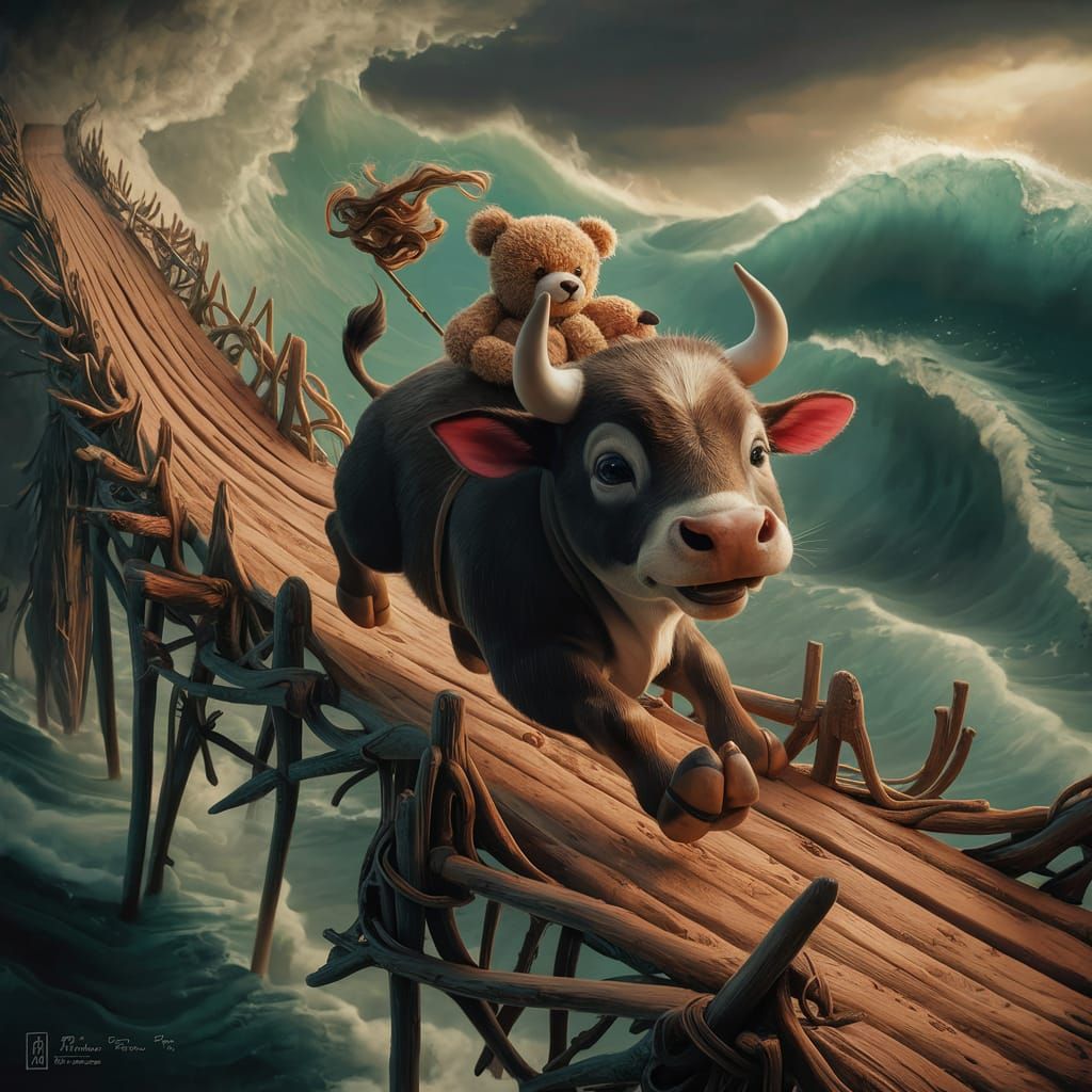 Baby Bull Runs Over Stormy Sea: 3D Digital Art