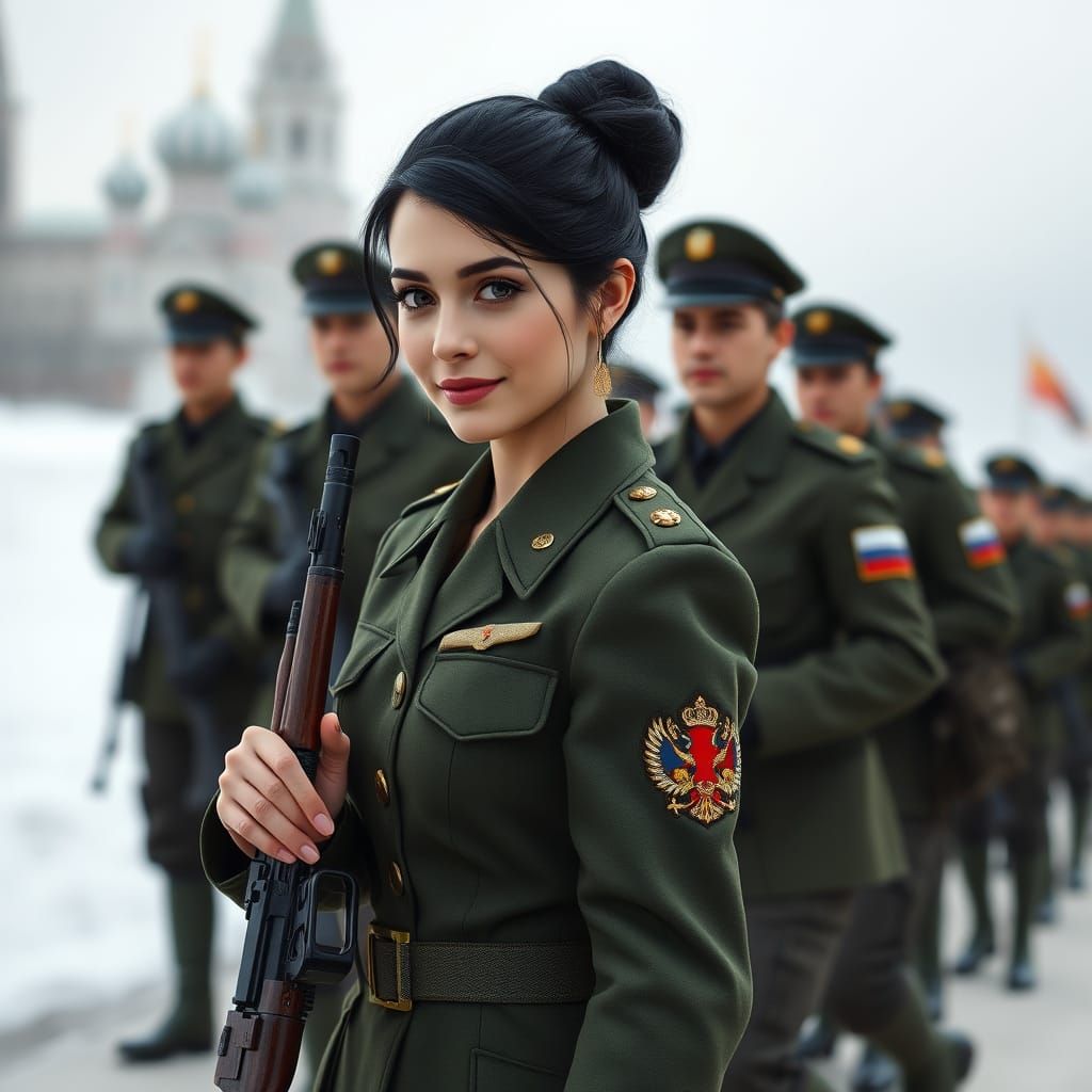 Confident Female Soldier in Green Russian Military Uniform