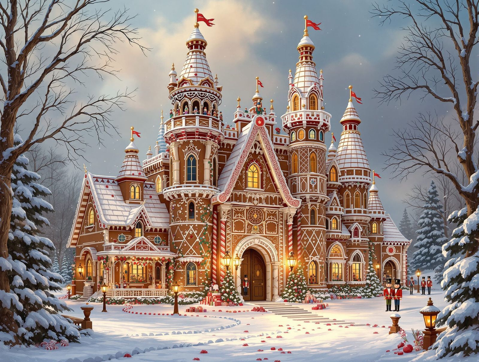 Intricate Gingerbread Castle in Winter Oil Painting Style