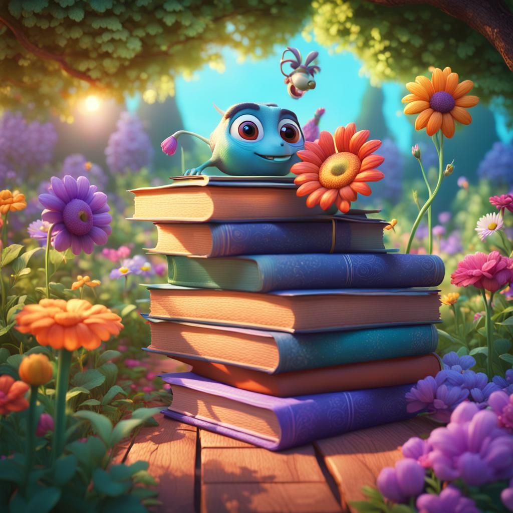 Books in a Flower Garden: 3D Digital Art