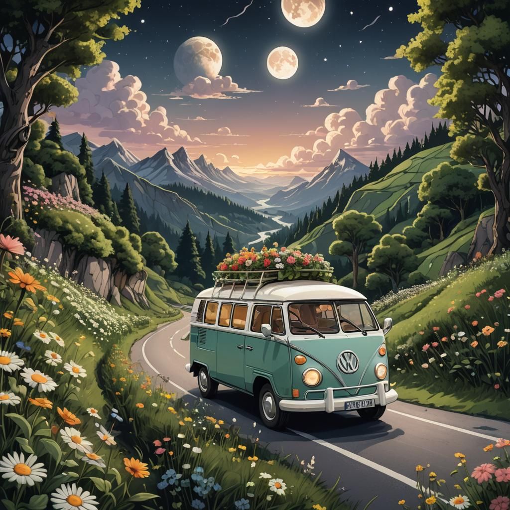 Fantasy Campervan Road Trip: Whimsical Dreamlike Art