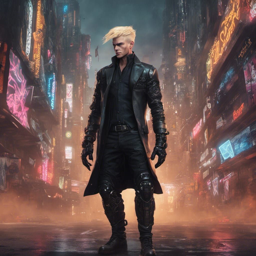 Cyberpunk Man with Blonde Hair and Leather Coat