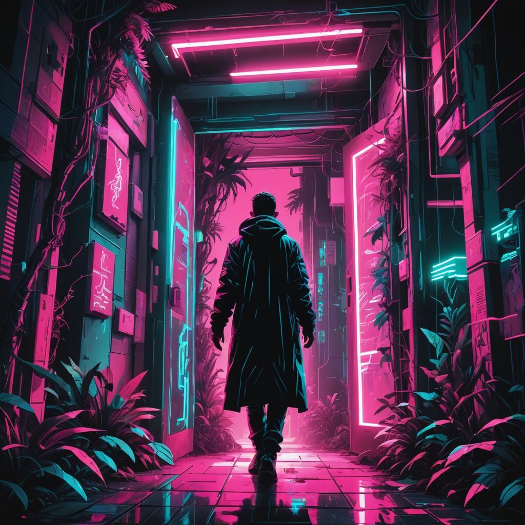 Cyberpunk Jungle Doorway in Glitch Art Style