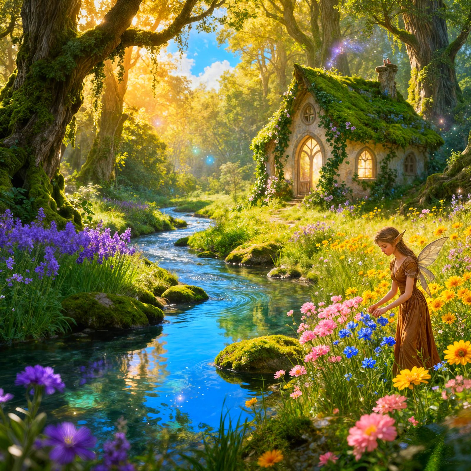 Idyllic Fantasy Landscape with Flower Meadow and Cottages