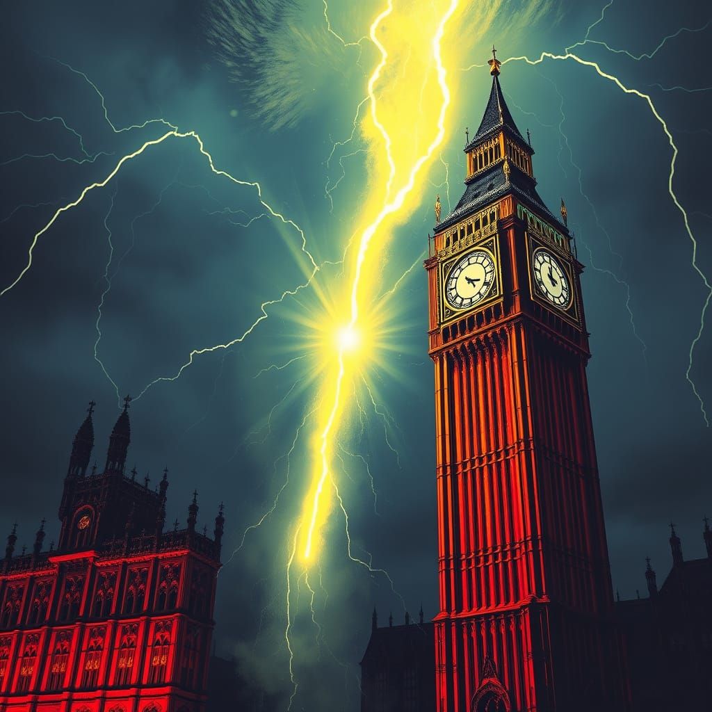 Big Ben Struck by Lightning in Cyberpunk Style