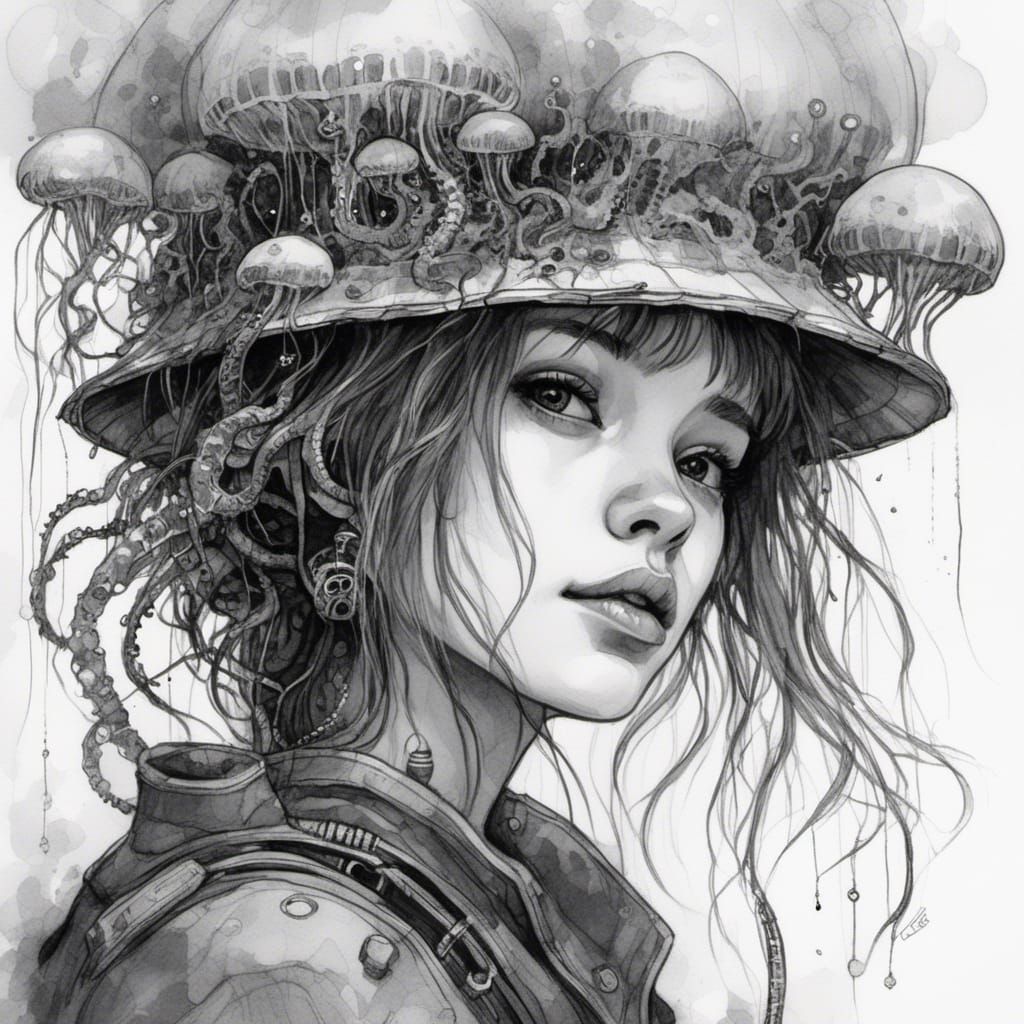 Cyberpunk Girl in Ink and Charcoal Style