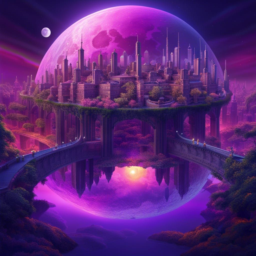 Rainbow City Inside a Purple Moon, Fantasy Art