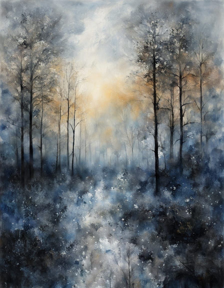 Expressionist Forest Sunrise in Blue Fog