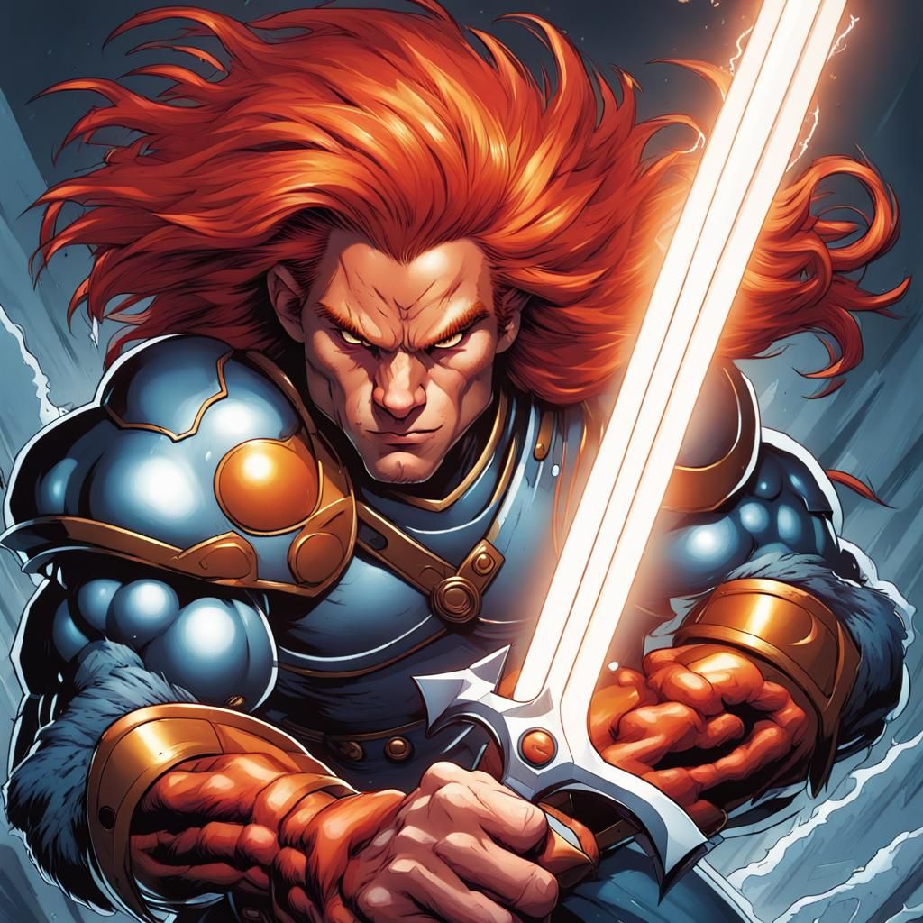 Fierce Red-Haired Warrior with Magic Sword, Comic Book Art