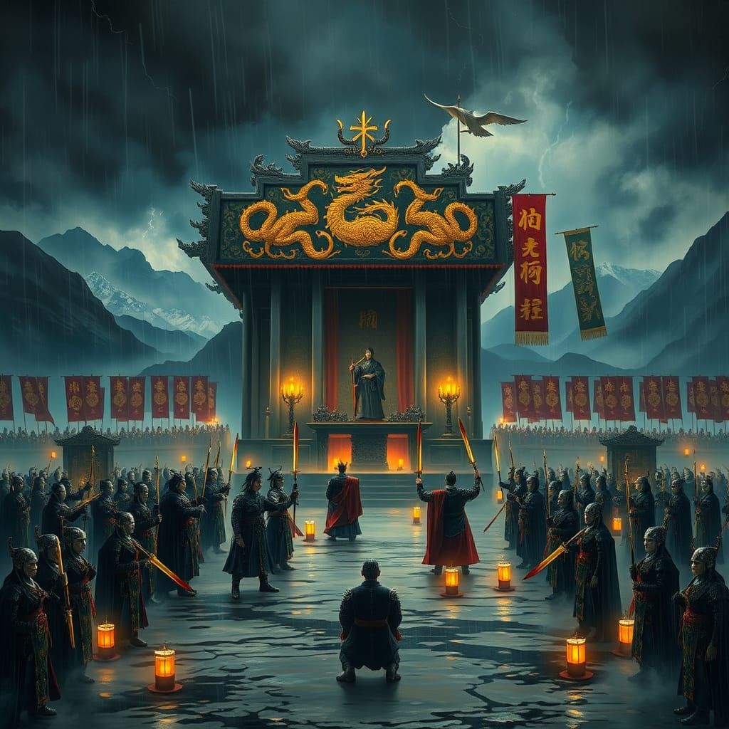 Epic Chinese Dark Fantasy Army Gathered Under Ominous Skies
