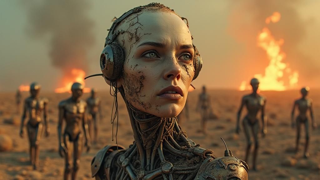 Post-Apocalyptic Cyborg Woman in Burning Landscape