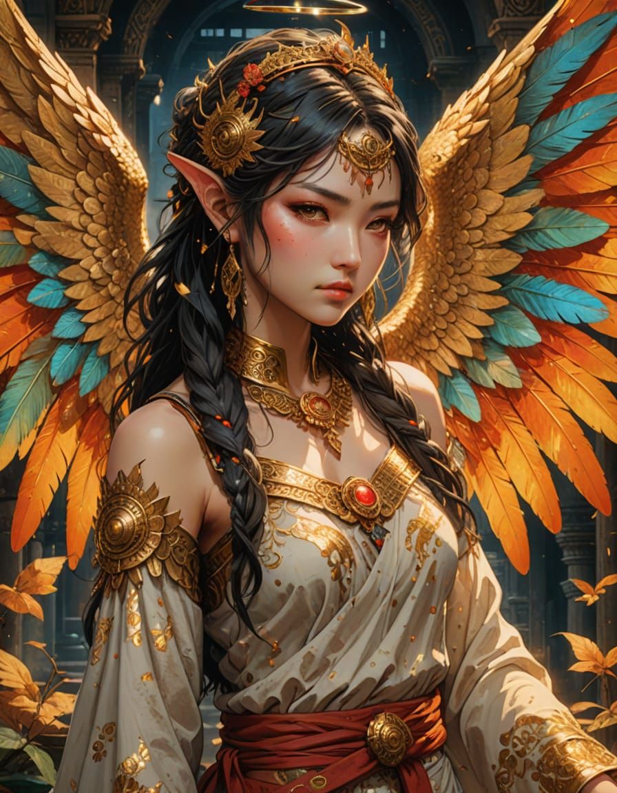 Fantasy Angel in Golden Pointillism Style