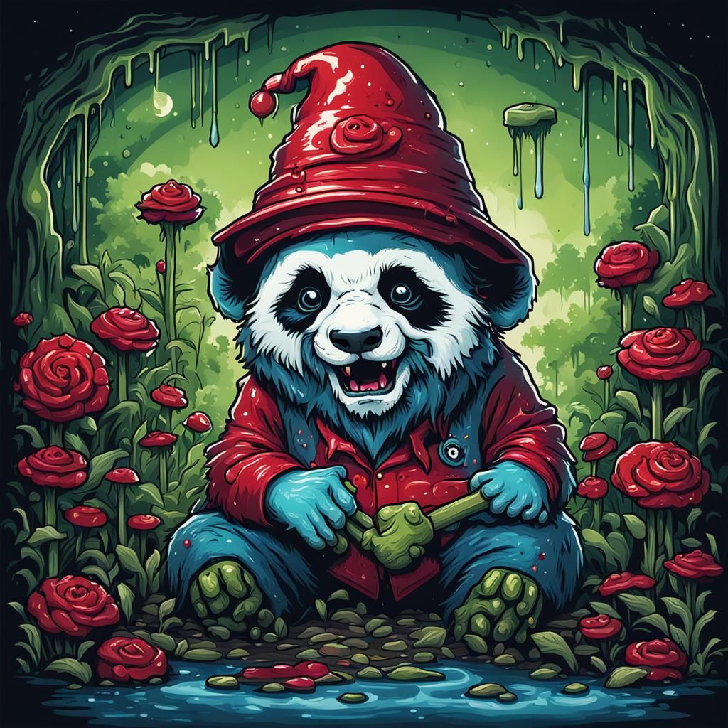 Melting Zombie Panda Garden Gnome, Dark Fantasy Art