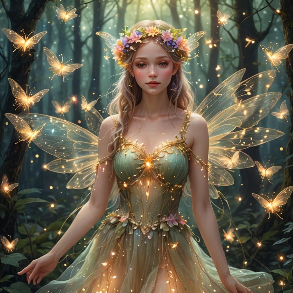 Ethereal Fairy in Forest with Fireflies: Digital Art