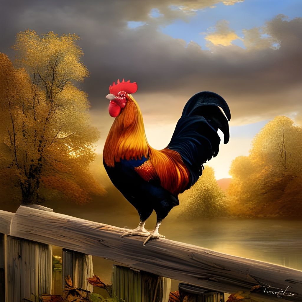 Americana Rooster Crowing at Daybreak, Photorealistic Render...