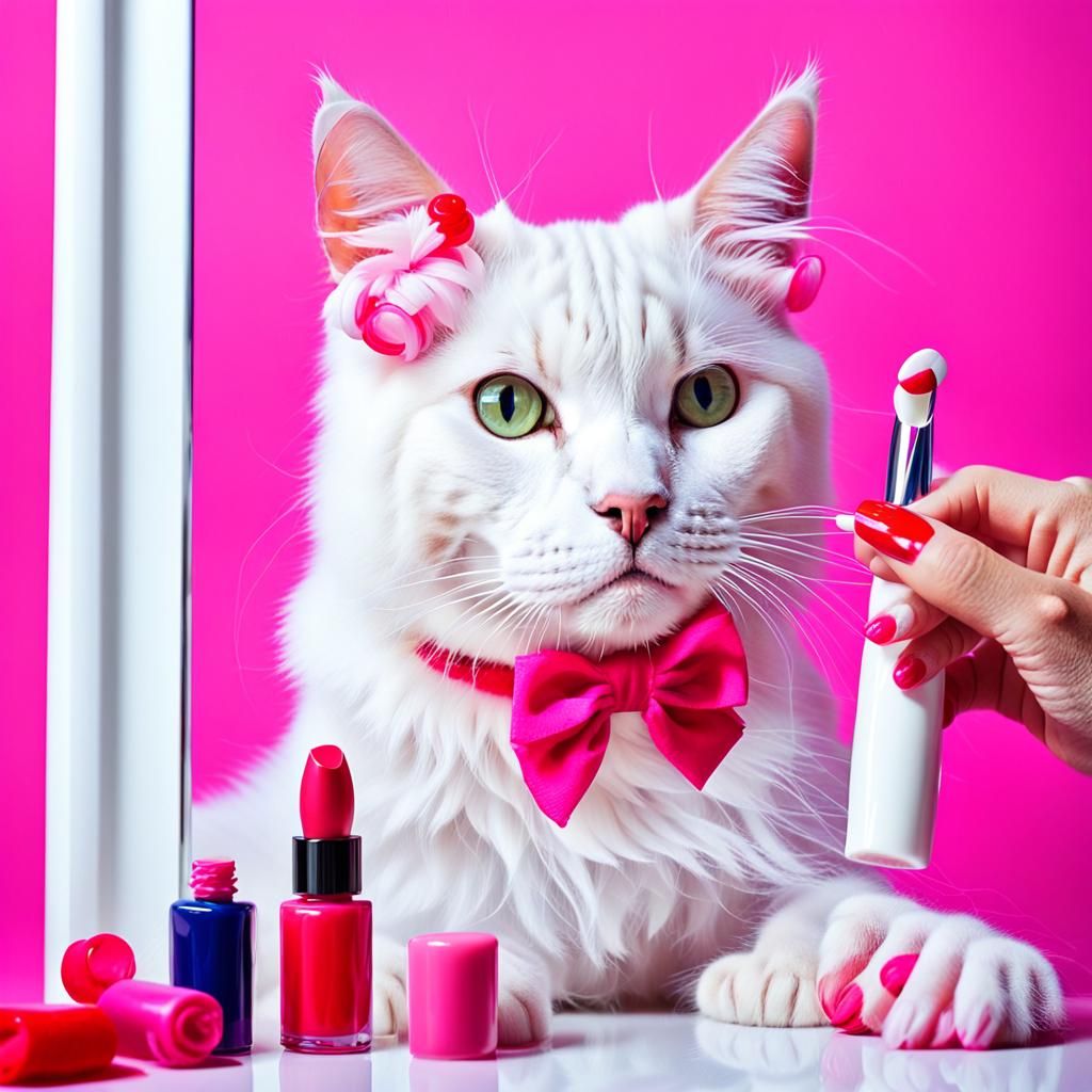 Pop Art Cat Glamour: Red Nails and Pink Curlers