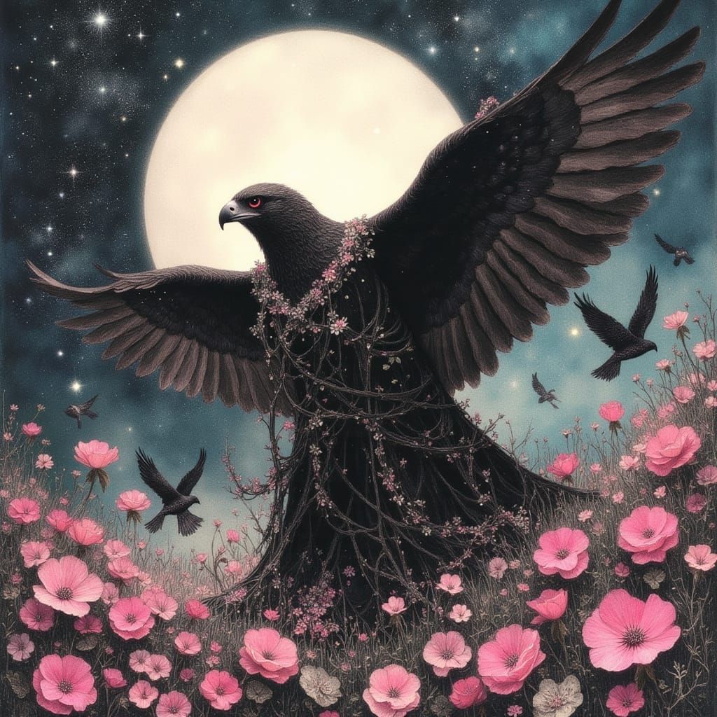 Mystical Hawk in Whimsical Dreamscape, Rendered in Expressiv...