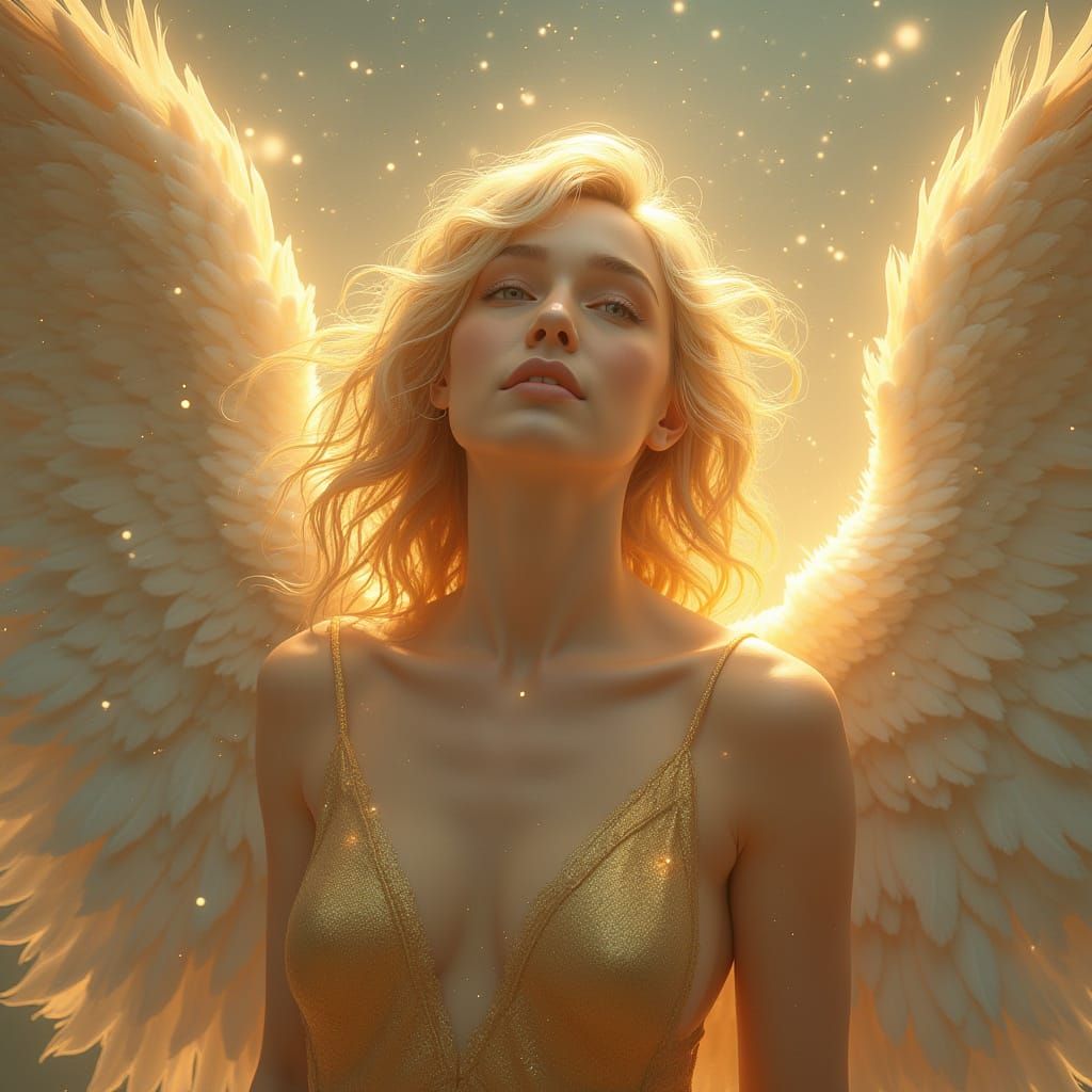 Celestial Angel of Divine Radiance in Shimmering Robes of Go...