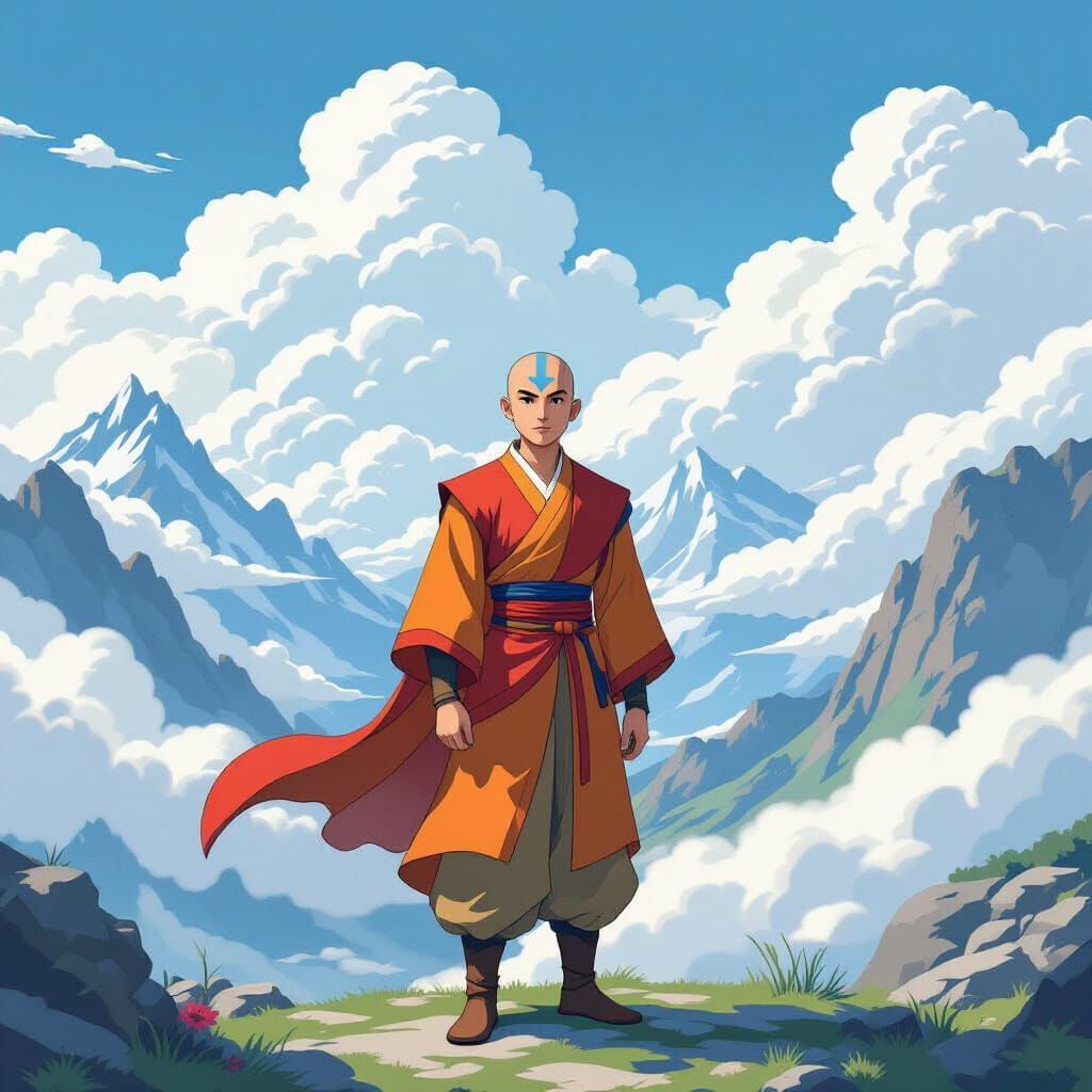 Air Nomad Aang in Mountain Landscape, Art Nouveau Style