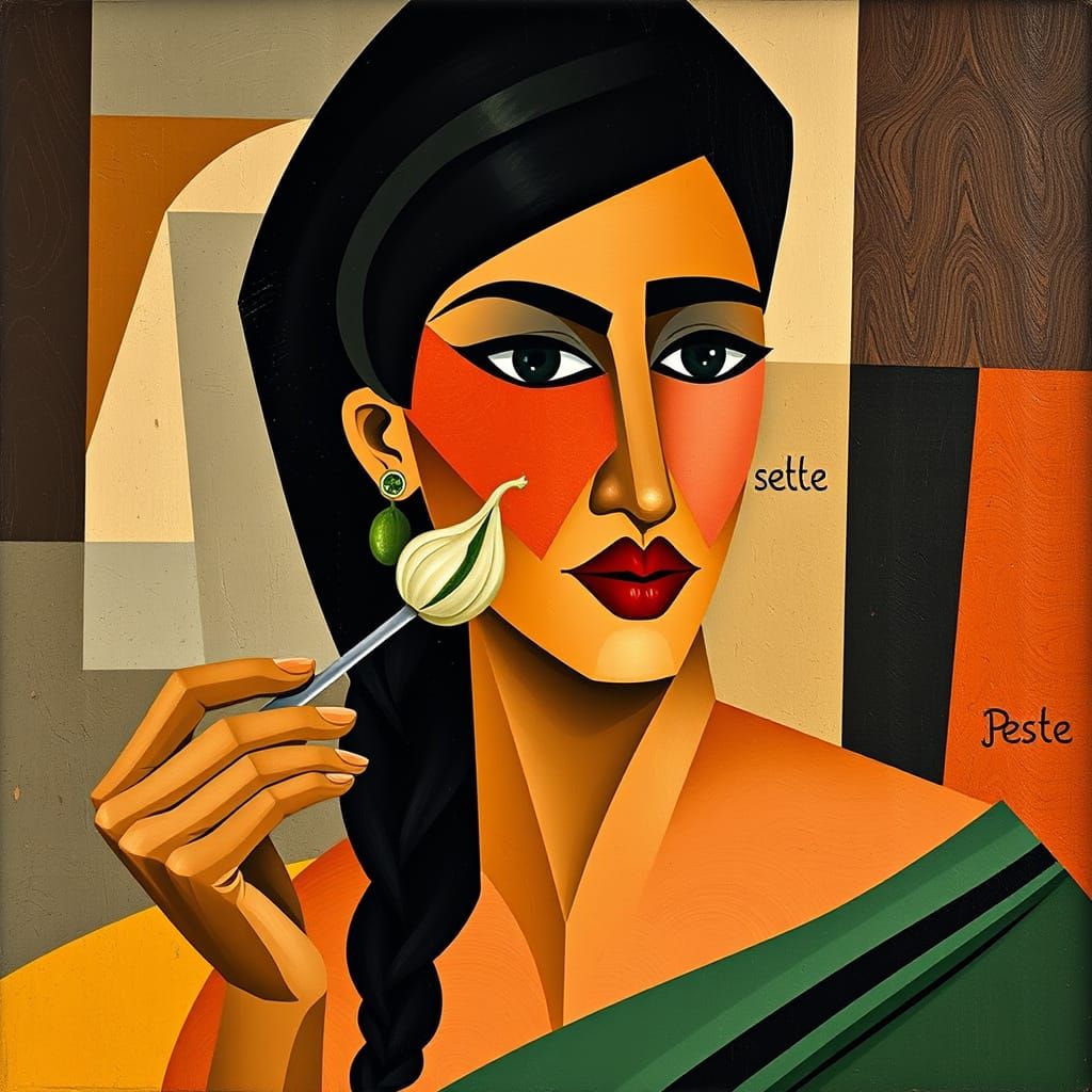 Cubist Portrait of a Woman with Pesto Sauce