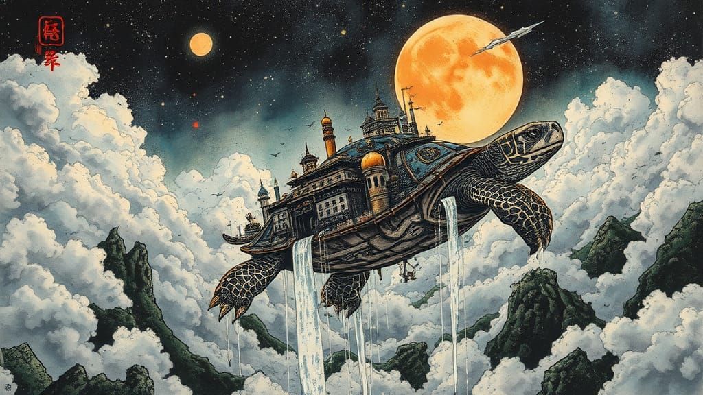 Chinese Steampunk City on Flying Turtle, Ink Splatter Art