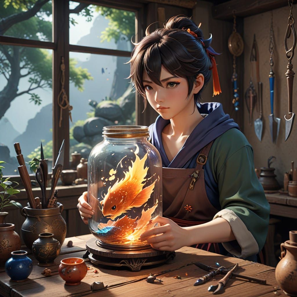 Traditional Glassblower in Studio Ghibli-Inspired Workshop