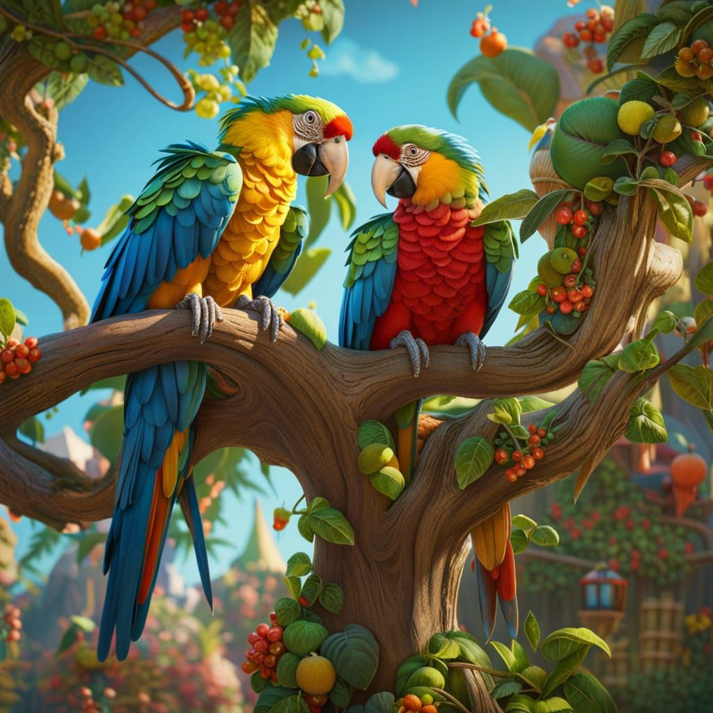 Parrots in a Tree, 3D Rendered Concept Art